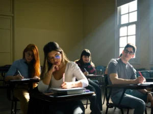 College students attending class.